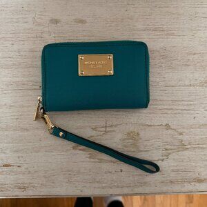 Michael Kors Zip-Around Wristlet – Teal with Gold Hardware